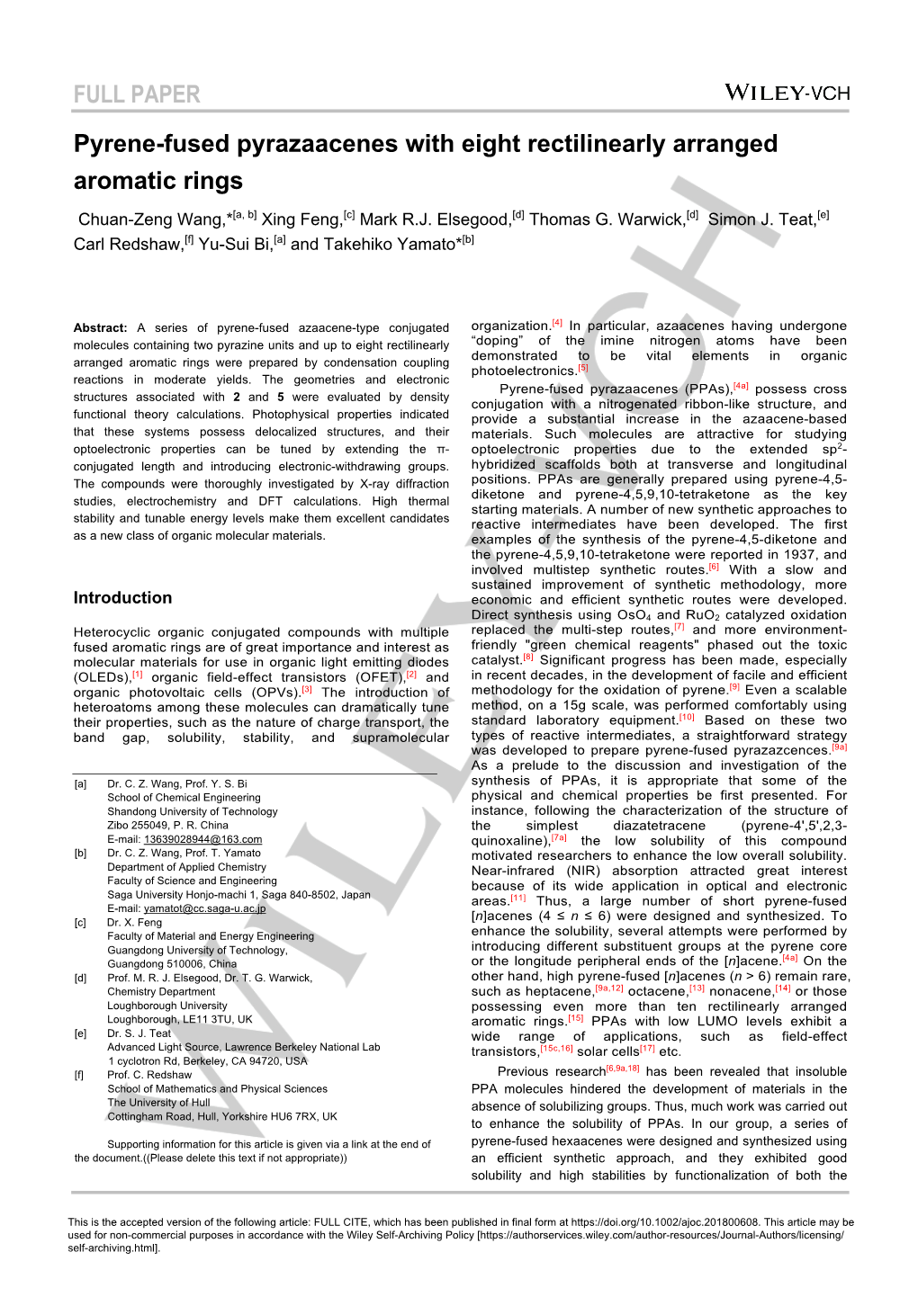 FULL PAPER Pyrene-Fused Pyrazaacenes with Eight Rectilinearly Arranged Aromatic Rings