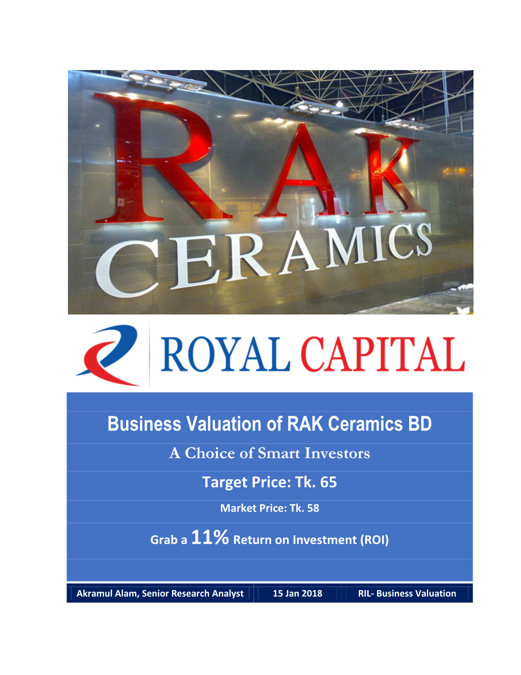 Business Valuation of RAK Ceramics BD a Choice of Smart Investors Target Price: Tk