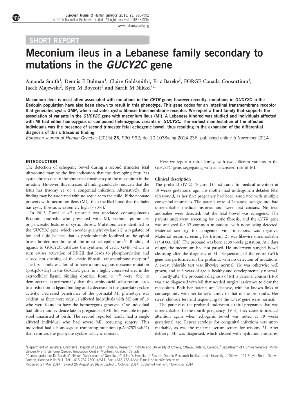 Meconium Ileus in a Lebanese Family Secondary to Mutations in the GUCY2C Gene