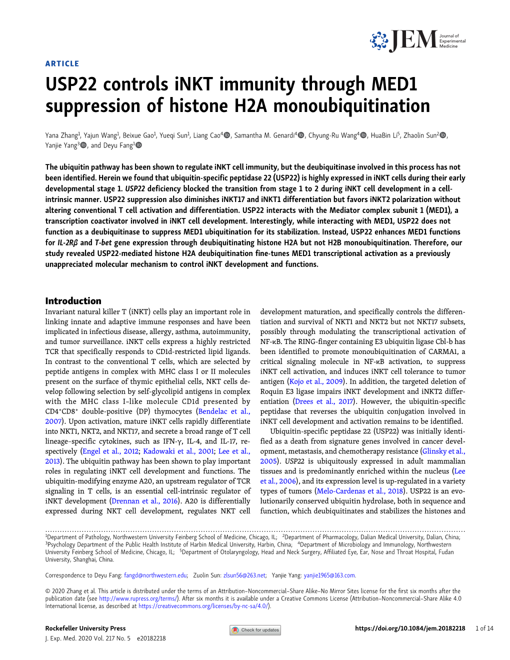 USP22 Controls Inkt Immunity Through MED1 Suppression of Histone H2A Monoubiquitination