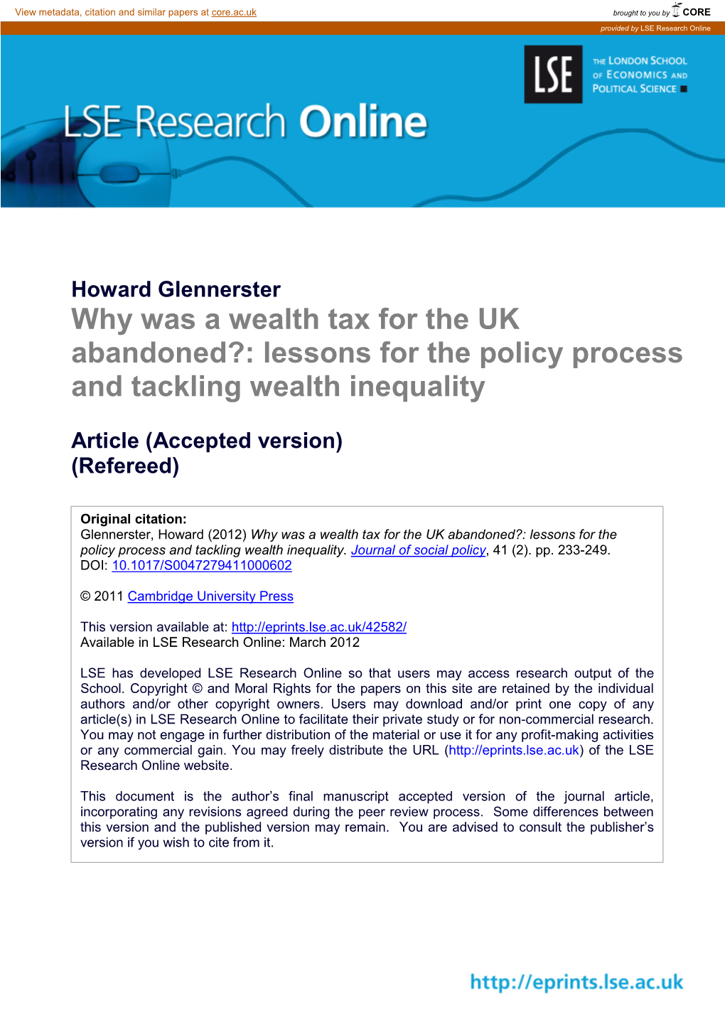 Why Was a Wealth Tax for the UK Abandoned?: Lessons for the Policy Process and Tackling Wealth Inequality