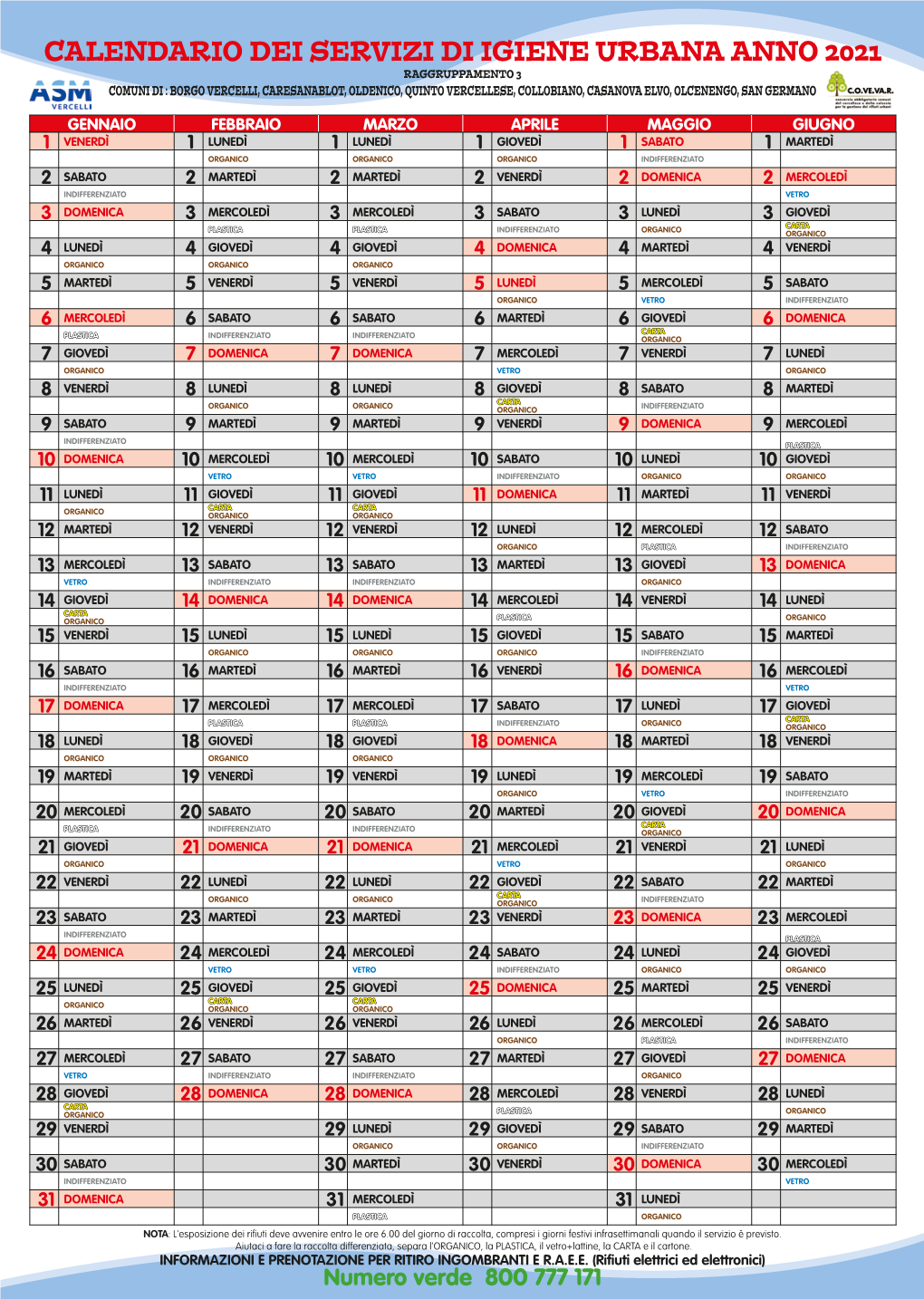 Calendario Dei Servizi Di Igiene Urbana Anno 2021