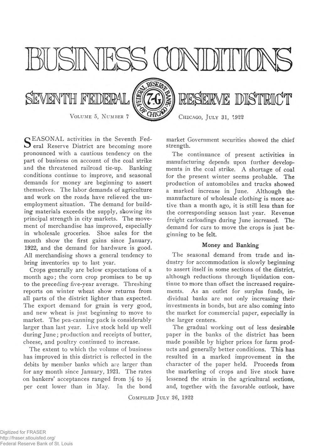 Business Conditions: July 31, 1922, Volume 5, Number 7