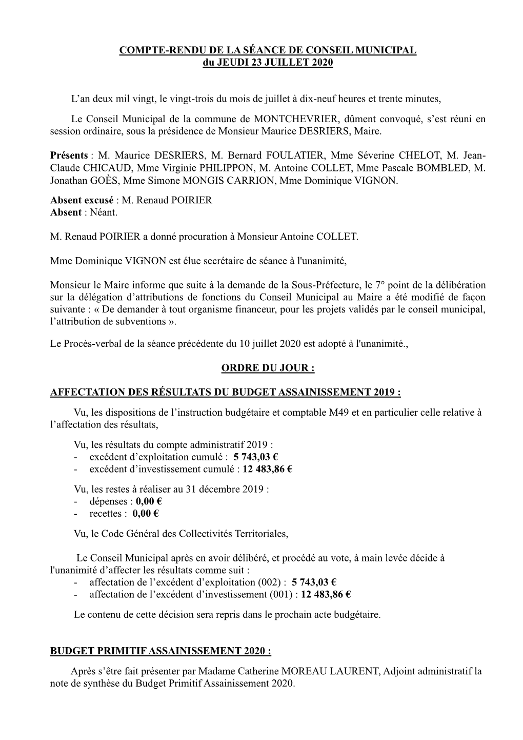 COMPTE-RENDU DE LA SÉANCE DE CONSEIL MUNICIPAL Du JEUDI 23 JUILLET 2020