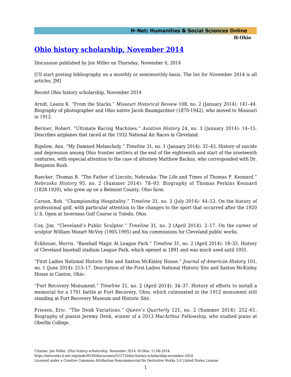 Ohio History Scholarship, November 2014