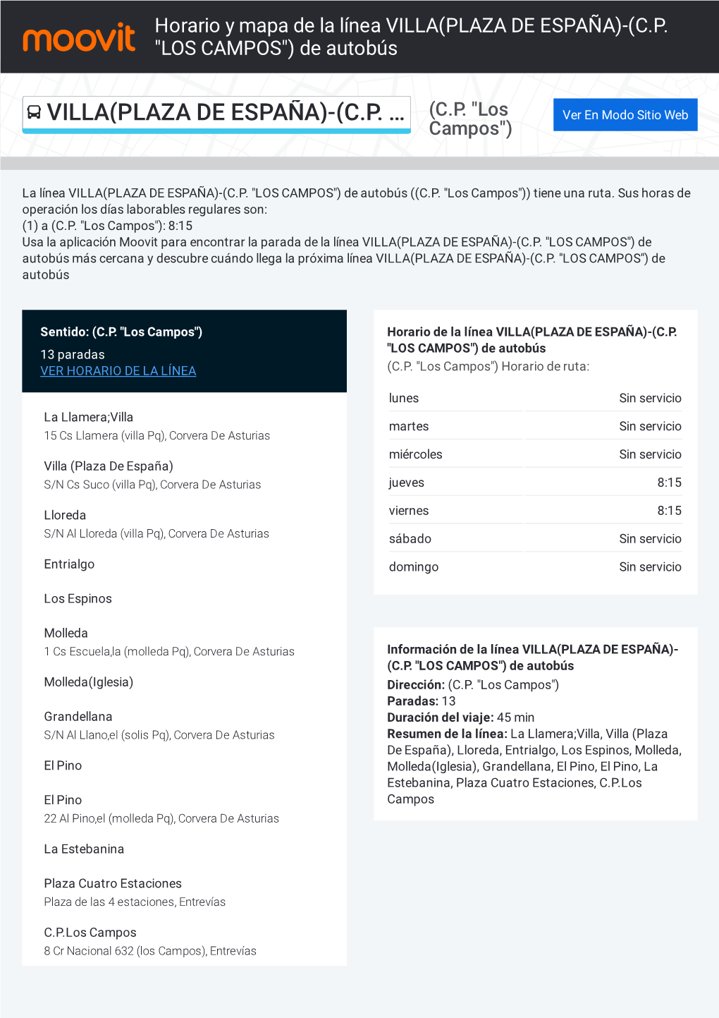 Horario Y Mapa De La Ruta VILLA(PLAZA DE ESPAÑA)-(C.P