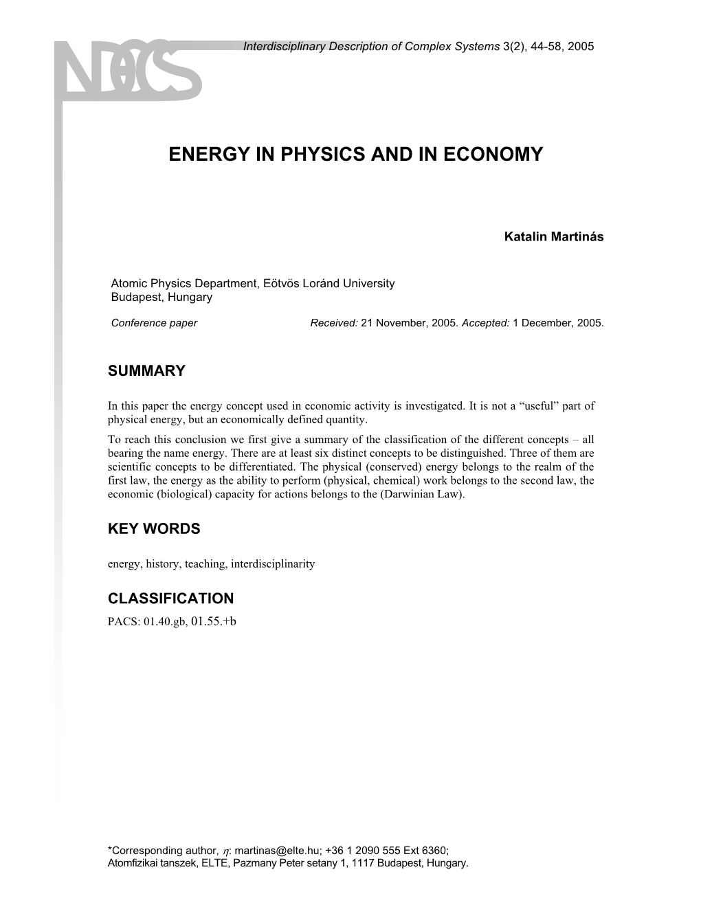 Energy in Physics and in Economy