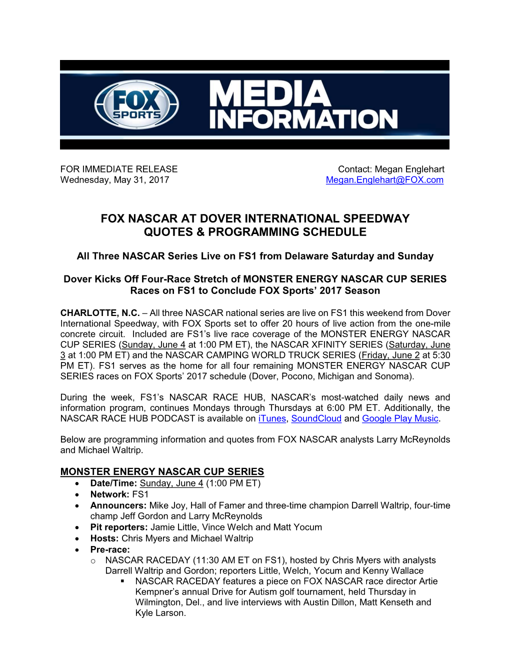 Fox Nascar at Dover International Speedway Quotes & Programming Schedule