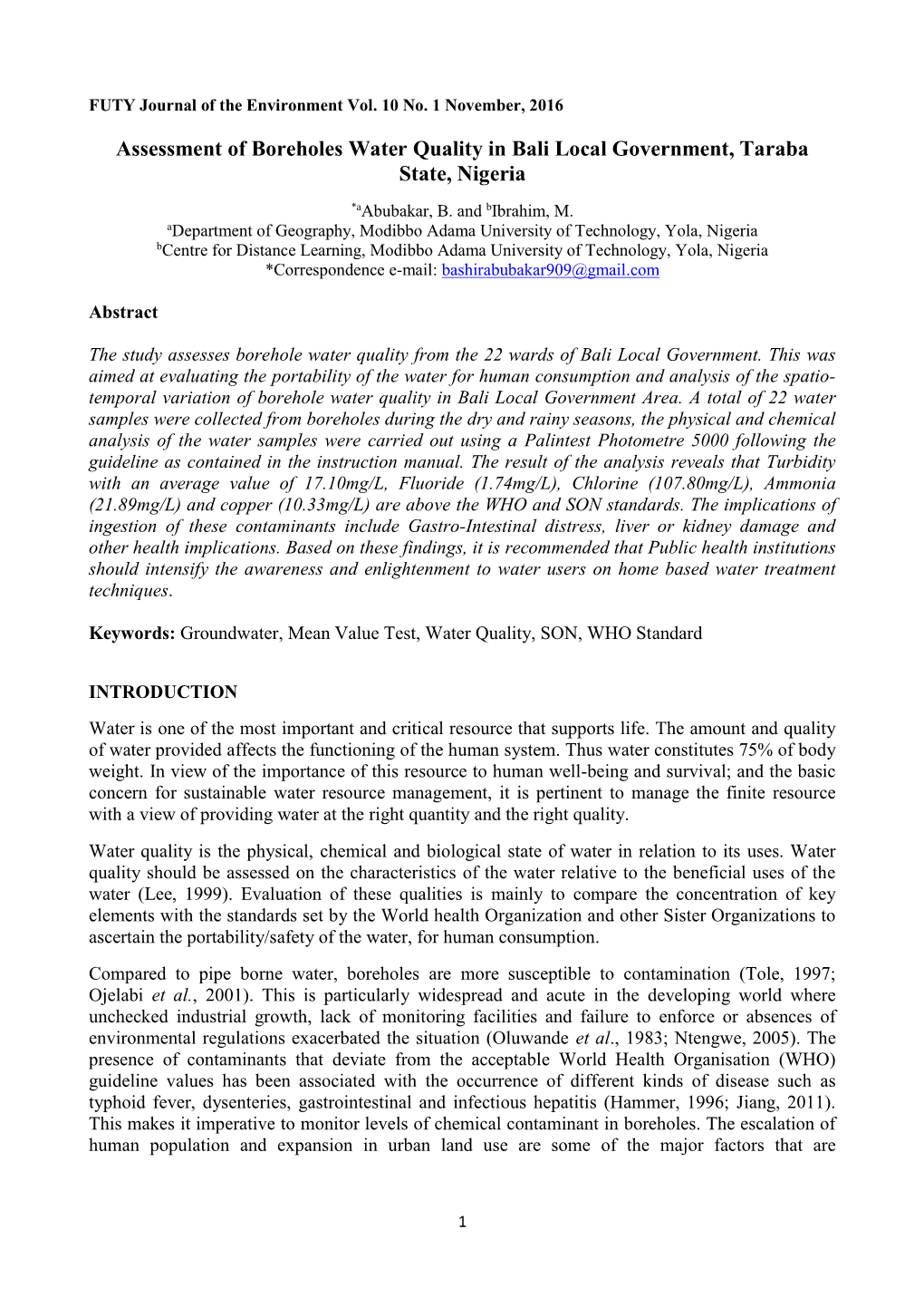 Assessment of Boreholes Water Quality in Bali Local Government, Taraba State, Nigeria