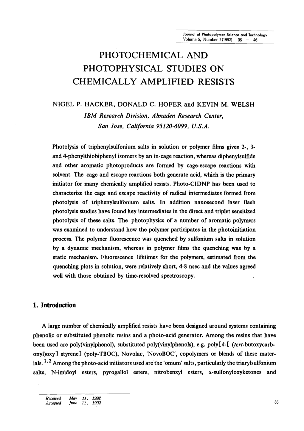 Photochemical and Photophysical Studies on Chemically Amplified Resists