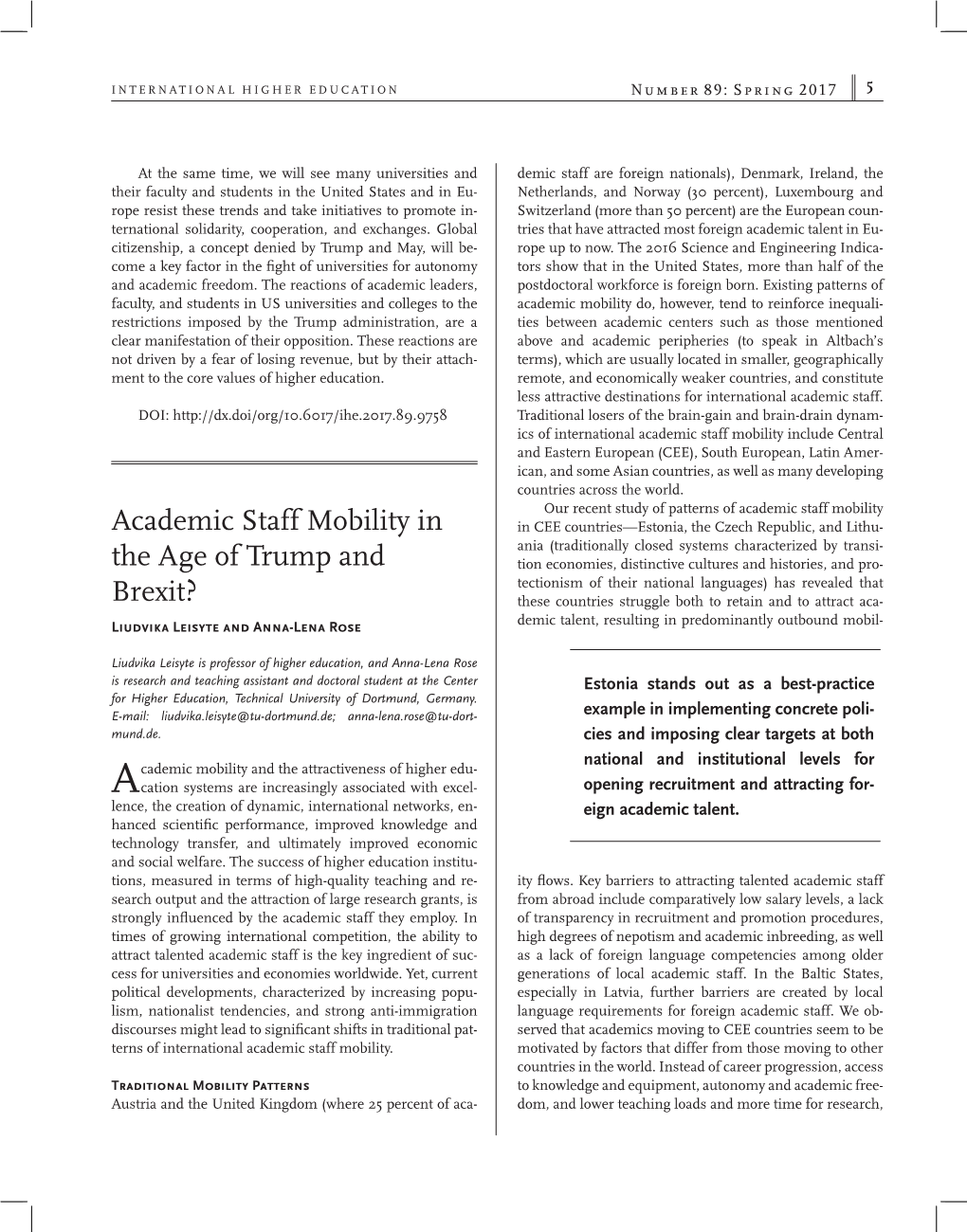 Academic Staff Mobility in the Age of Trump and Brexit?