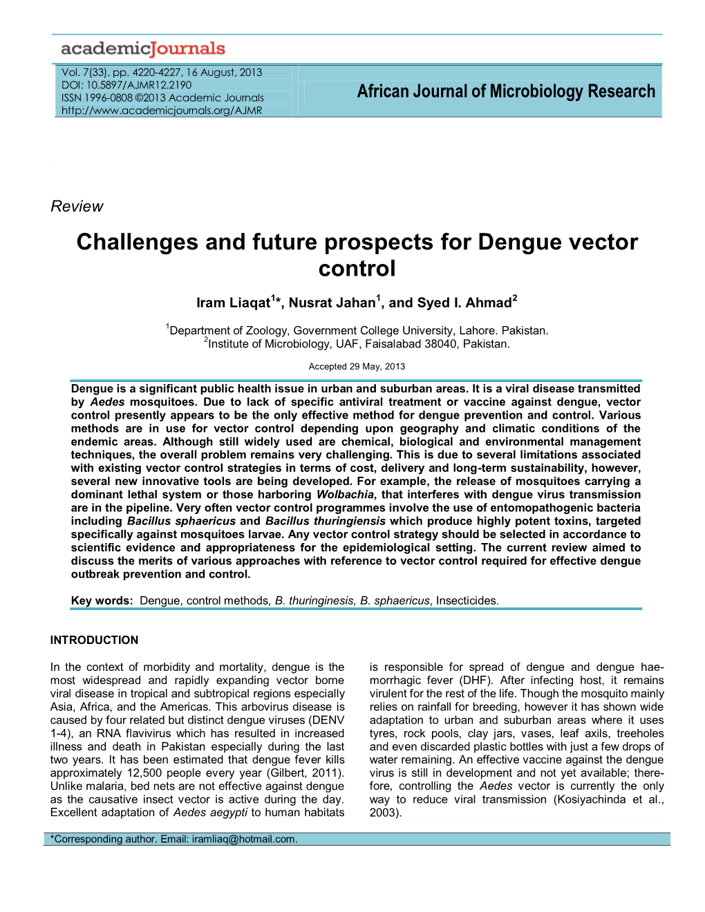 Challenges and Future Prospects for Dengue Vector Control