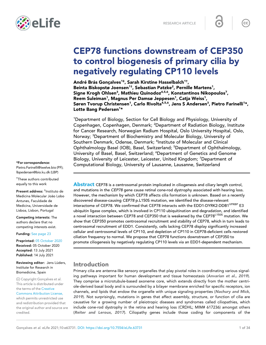 CEP78 Functions Downstream of CEP350 to Control Biogenesis Of