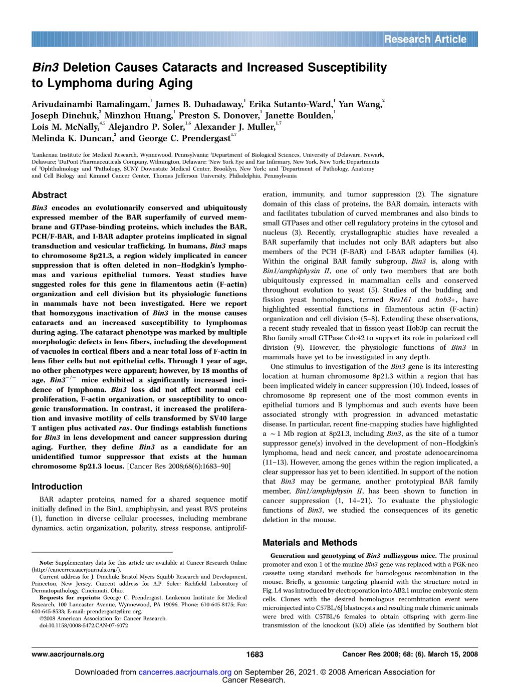 Bin3 Deletion Causes Cataracts and Increased Susceptibility to Lymphoma During Aging