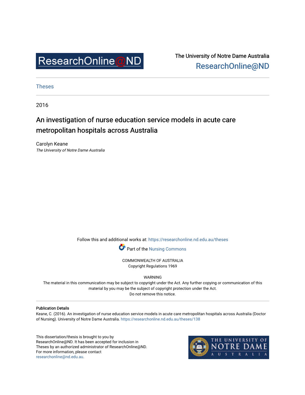 An Investigation of Nurse Education Service Models in Acute Care Metropolitan Hospitals Across Australia