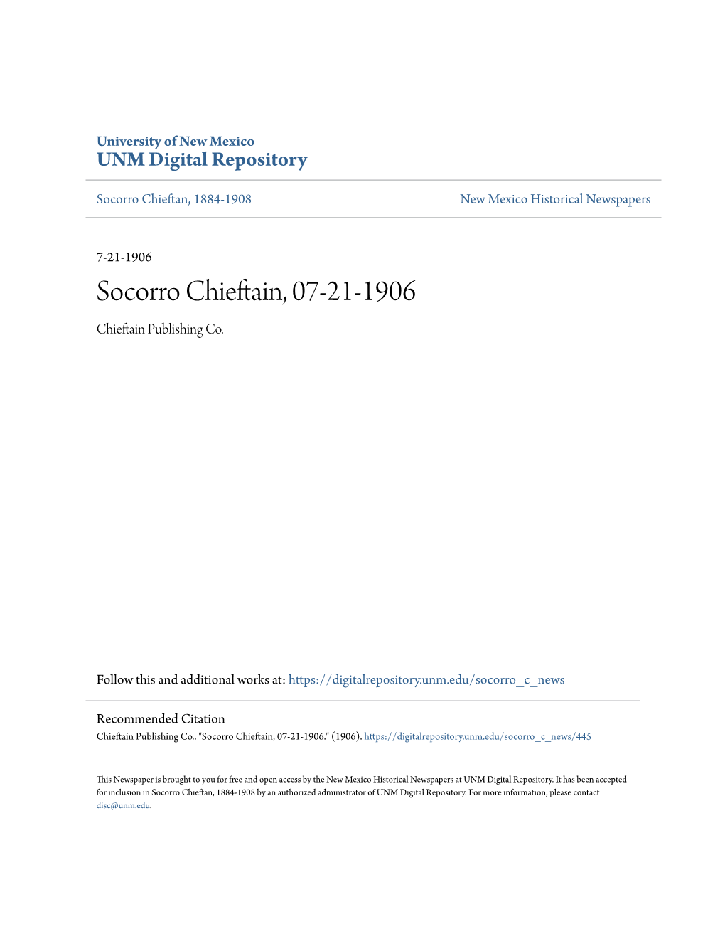 Socorro Chieftain, 07-21-1906 Chieftain Publishing Co