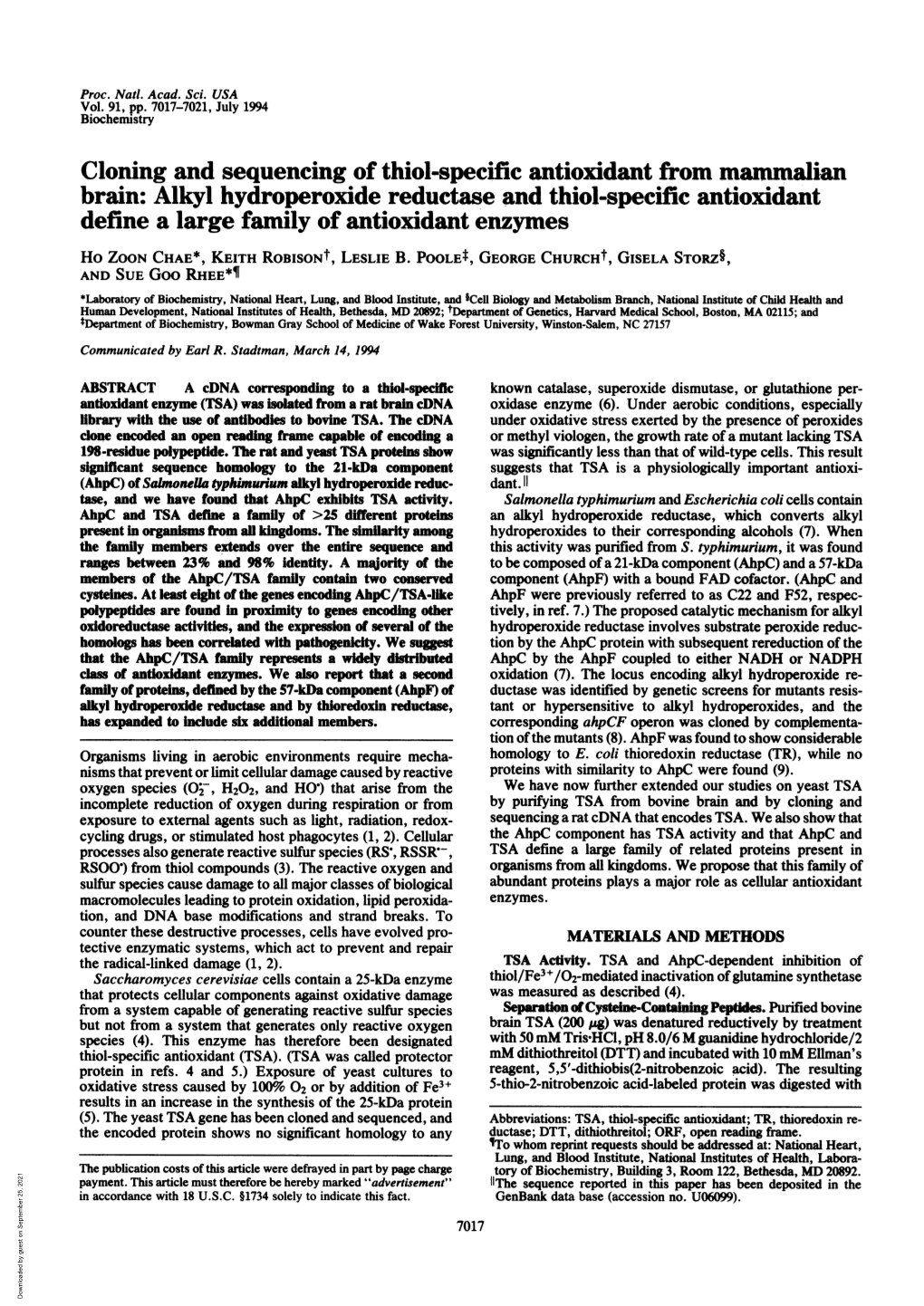 Alkyl Hydroperoxide Reductase and Thiol-Specific Antioxidant Define a Large Family of Antioxidant Enzymes Ho ZOON CHAE*, KEITH Robisont, LESLIE B