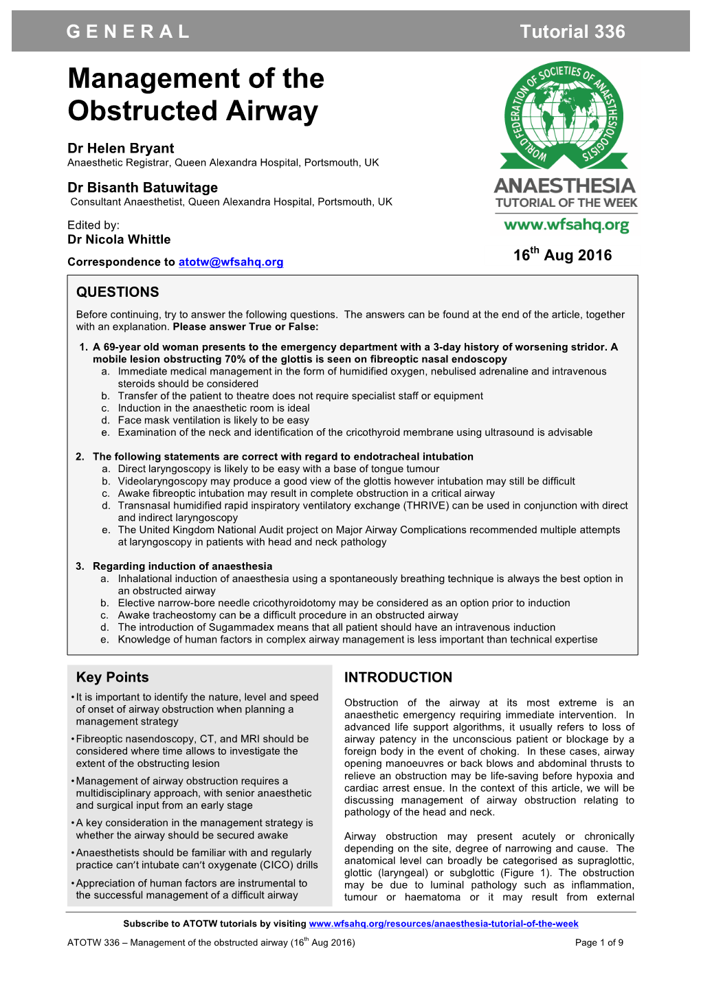 336 Management of the Obstructed Airway