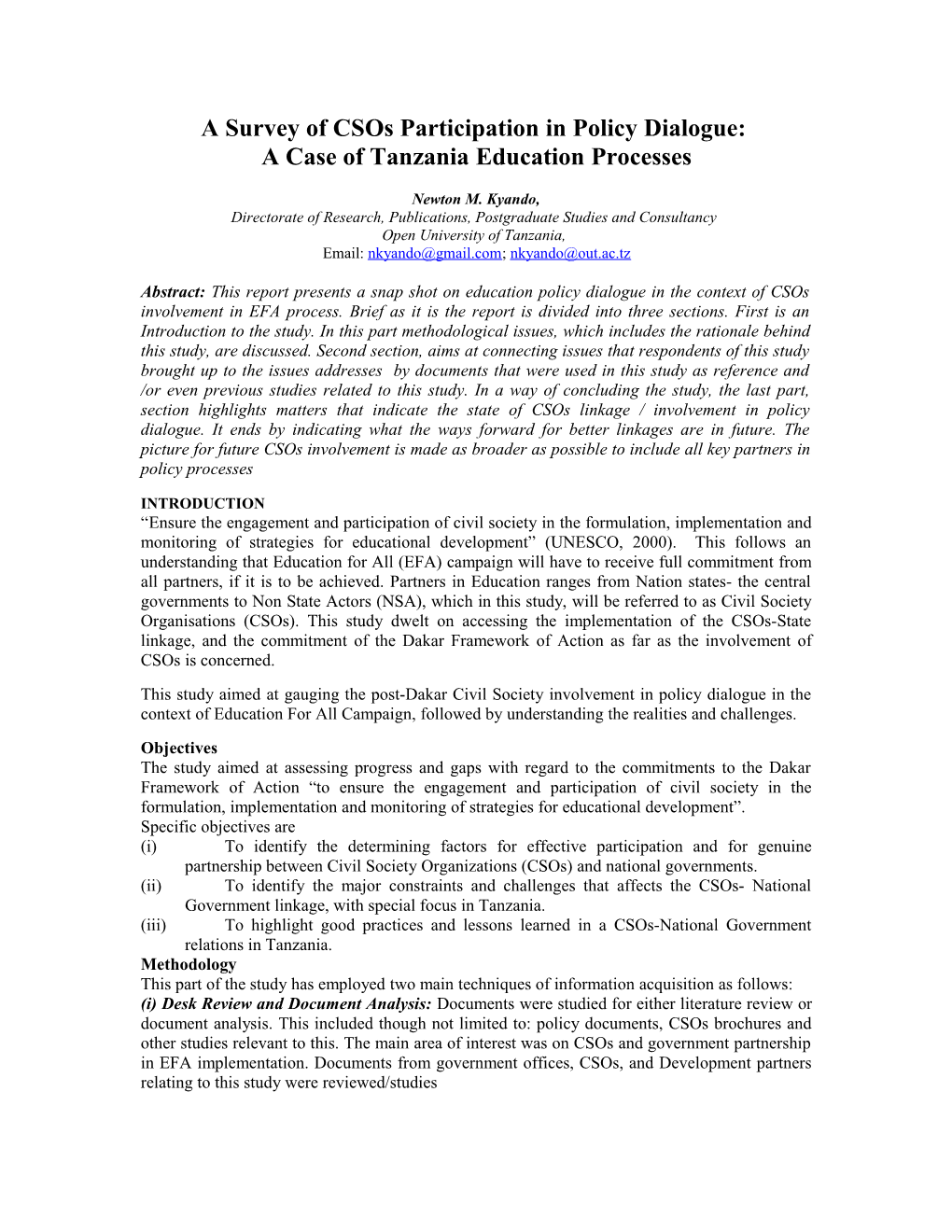 A Survey of Csos Participation in Policy Dialogue