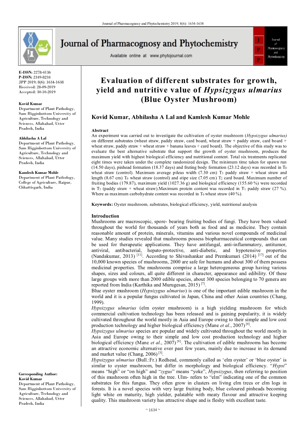 Evaluation of Different Substrates for Growth, Yield and Nutritive Value of Hypsizygus Ulmarius (Blue Oyster Mushroom)