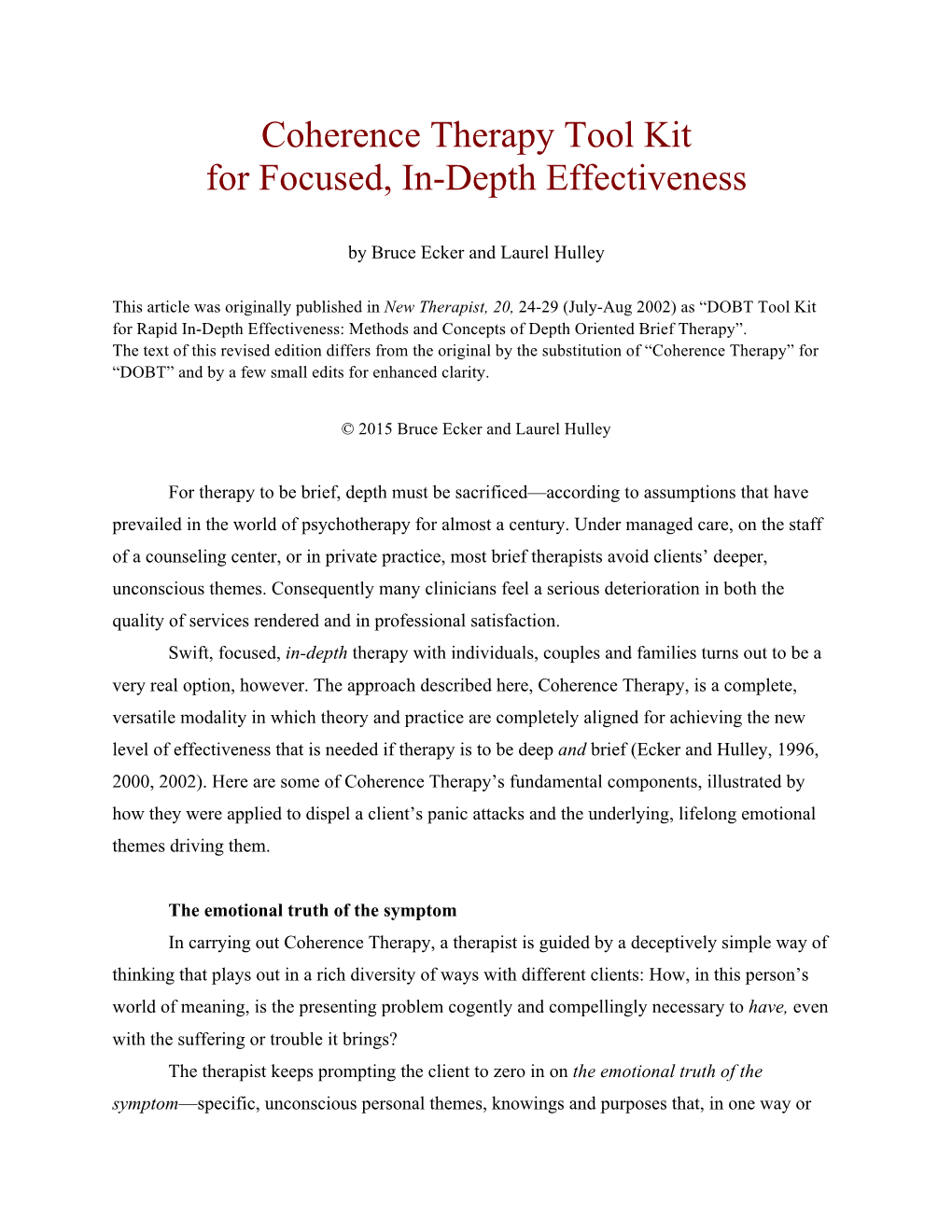 Coherence Therapy Toolkit for Focused, In-Depth Effectiveness
