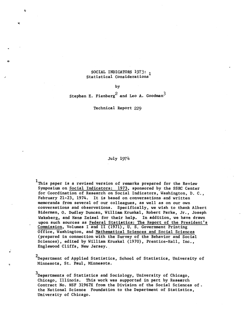 Technical Report 229 Social Indicators 1973 Statistical Considerations Stephen E Fienberg and Leo a Goodman.Pdf