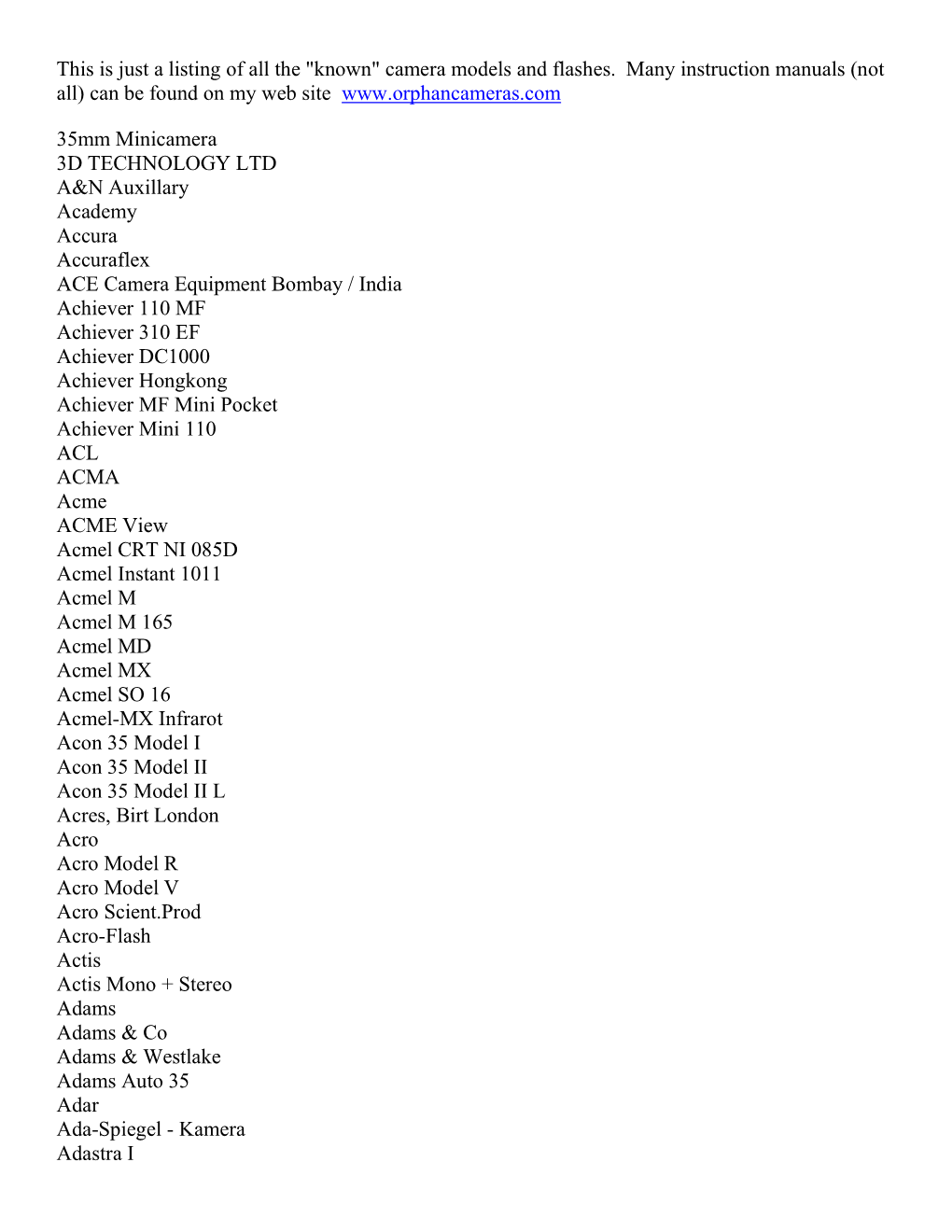 List of Known Cameras