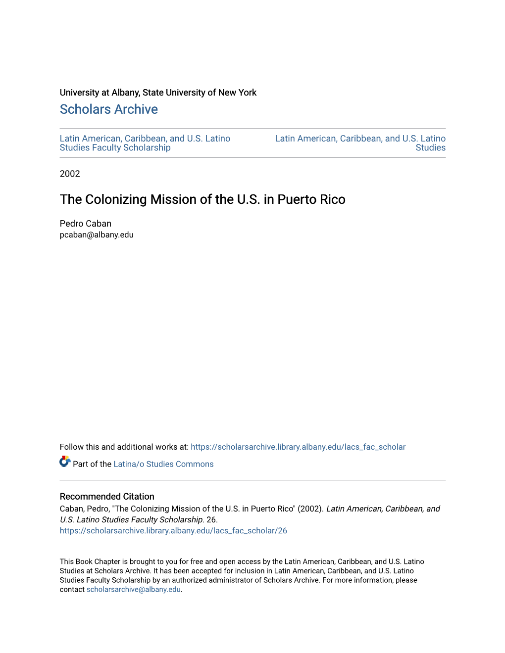 The Colonizing Mission of the U.S. in Puerto Rico