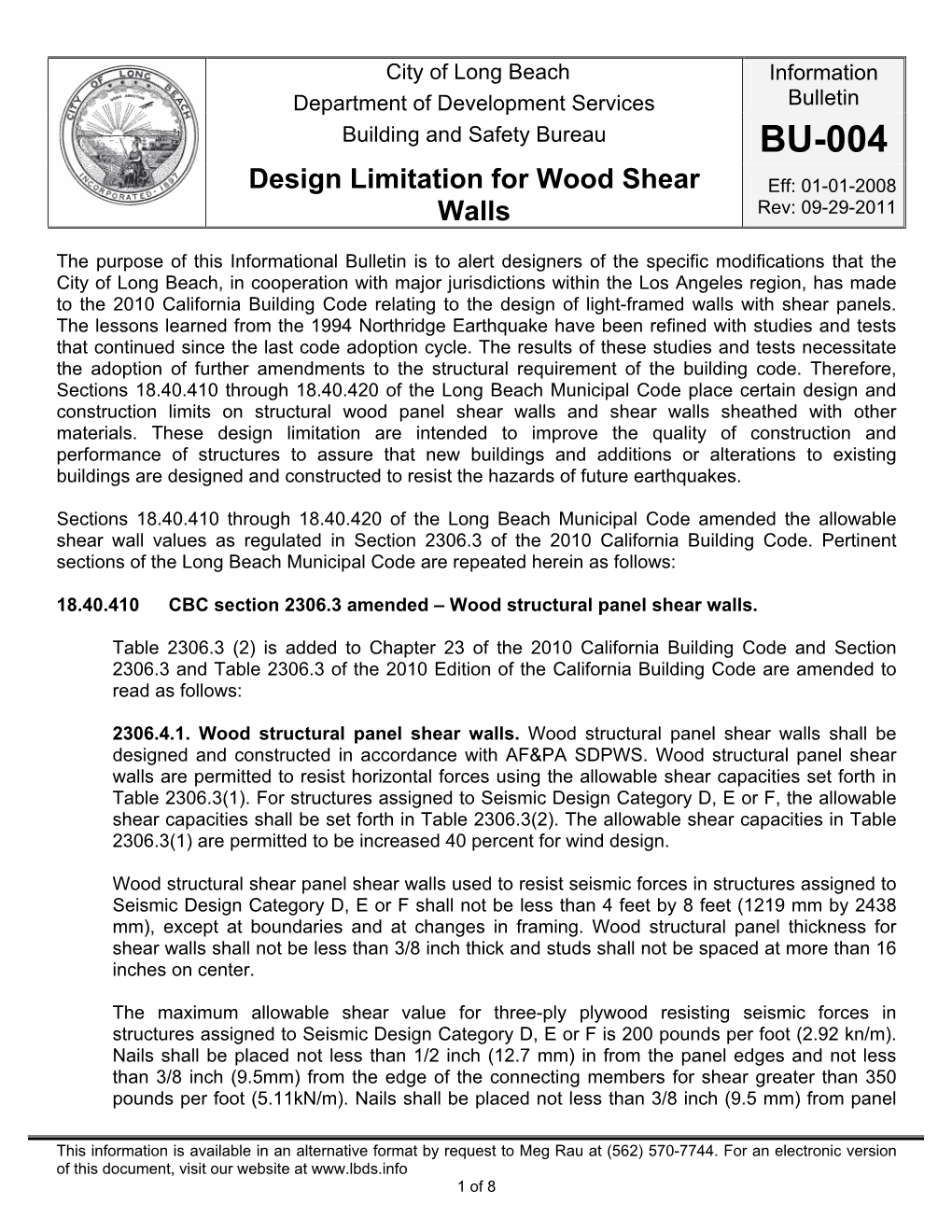 IB-BU-004 Design Limitation for Wood Shear Walls V1.4