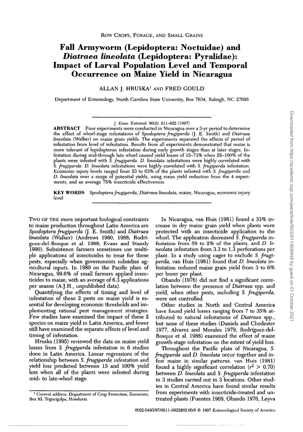 Fall Armyworm (Lepidoptera: Noctuidae) and &lt;I&gt;Diatraea Lineolata&lt;/I&gt;