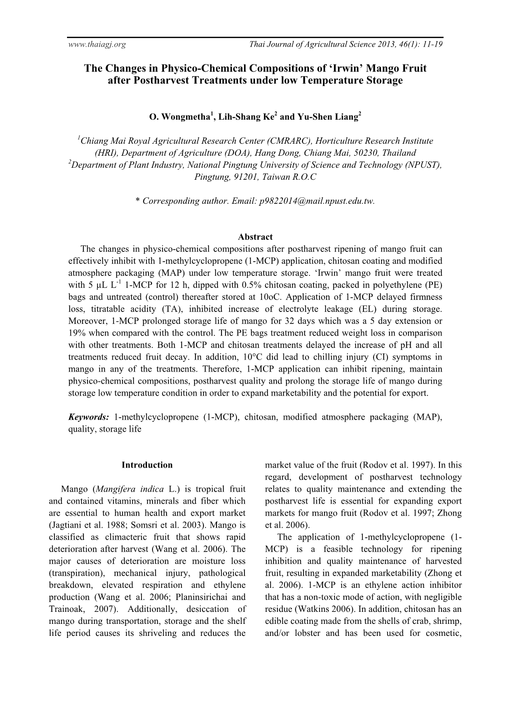 The Changes in Physico-Chemical Compositions of 'Irwin' Mango Fruit