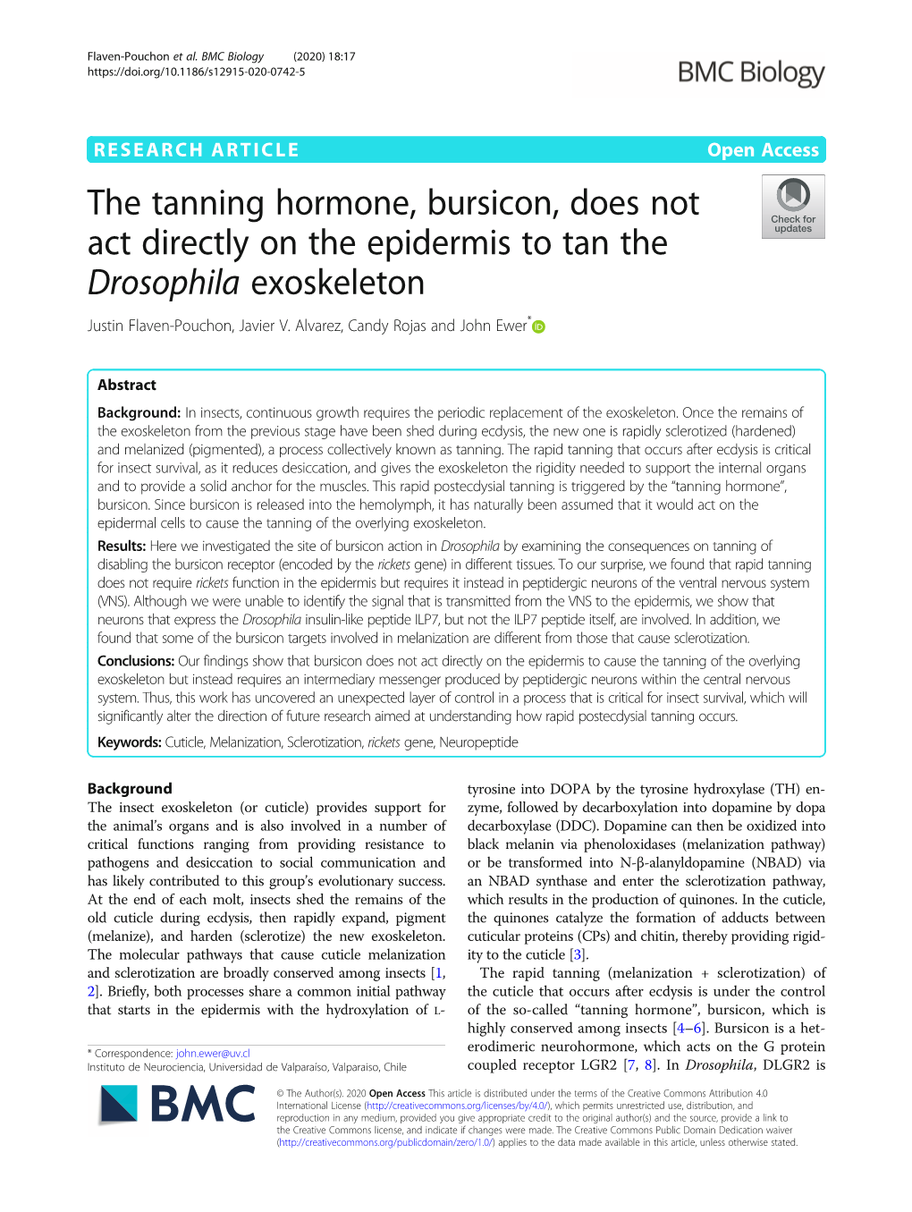 The Tanning Hormone, Bursicon, Does Not Act Directly on the Epidermis to Tan the Drosophila Exoskeleton Justin Flaven-Pouchon, Javier V