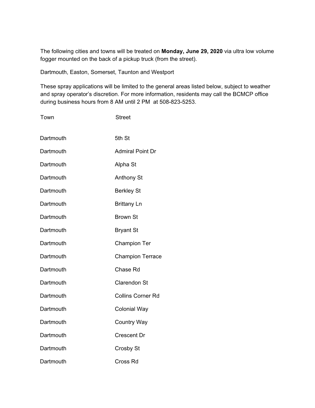 The Following Cities and Towns Will Be Treated on Monday, June 29, 2020 Via Ultra Low Volume ​ ​ Fogger Mounted on the Back of a Pickup Truck (From the Street)