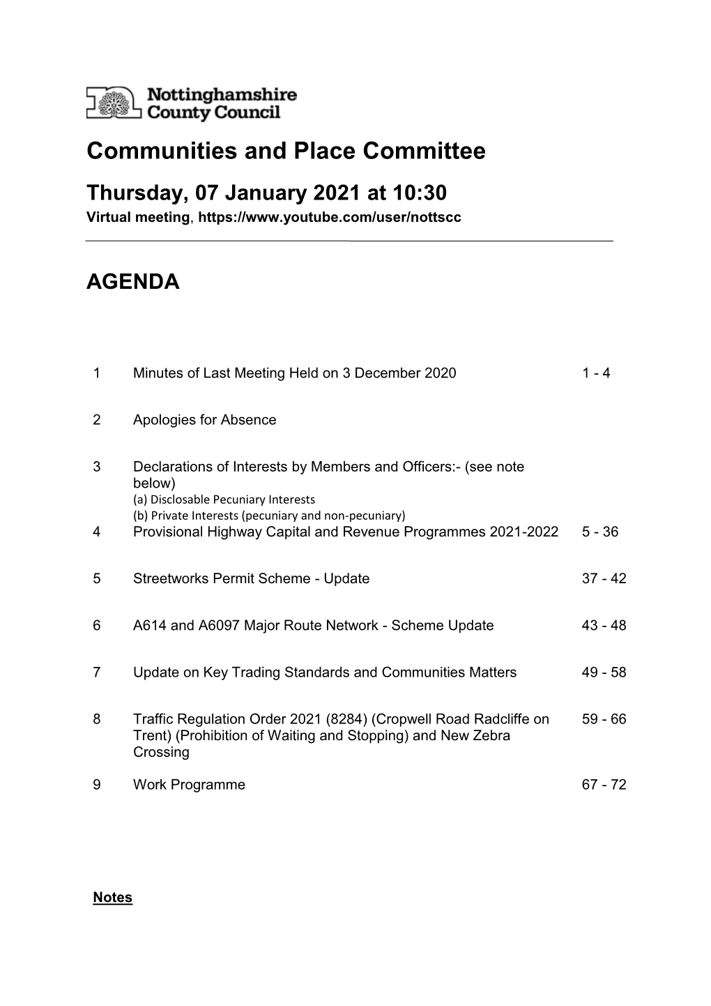 Communities and Place Committee Thursday, 07 January 2021 at 10:30 Virtual Meeting