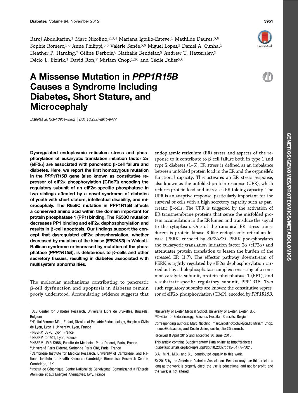 A Missense Mutation in PPP1R15B Causes a Syndrome Including Diabetes, Short Stature, and Microcephaly