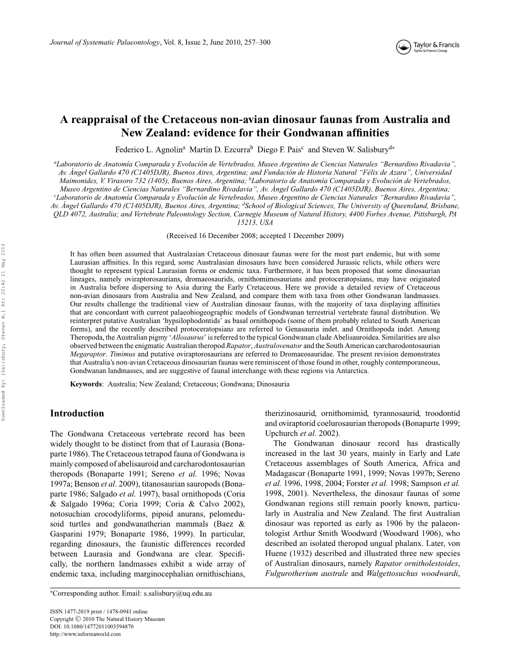 A Reappraisal of the Cretaceous Non-Avian Dinosaur Faunas from Australia and New Zealand: Evidence for Their Gondwanan Afﬁnities Federico L