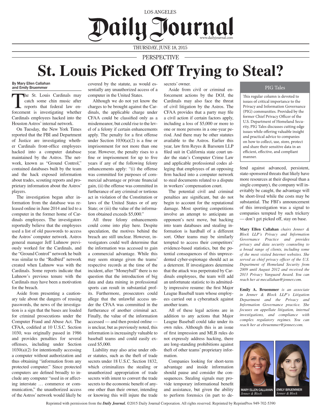 St. Louis Picked Off Trying to Steal? by Mary Ellen Callahan Covered by the Statute, As Would Es- Secrets’ Owner