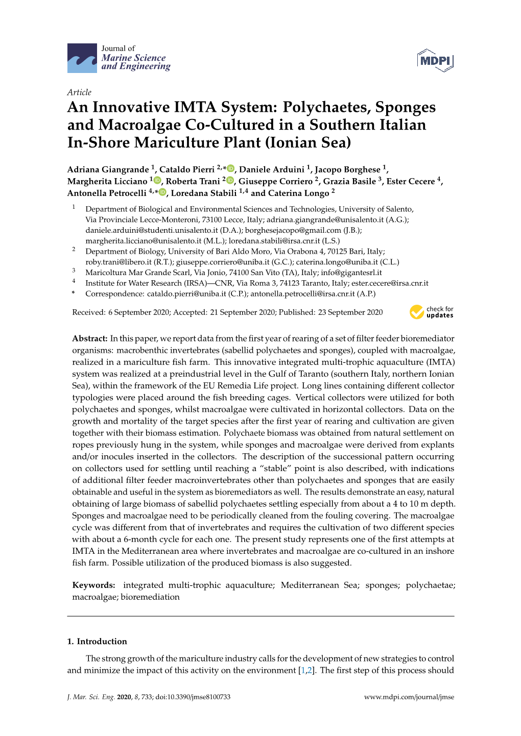 An Innovative IMTA System: Polychaetes, Sponges and Macroalgae Co-Cultured in a Southern Italian In-Shore Mariculture Plant (Ionian Sea)