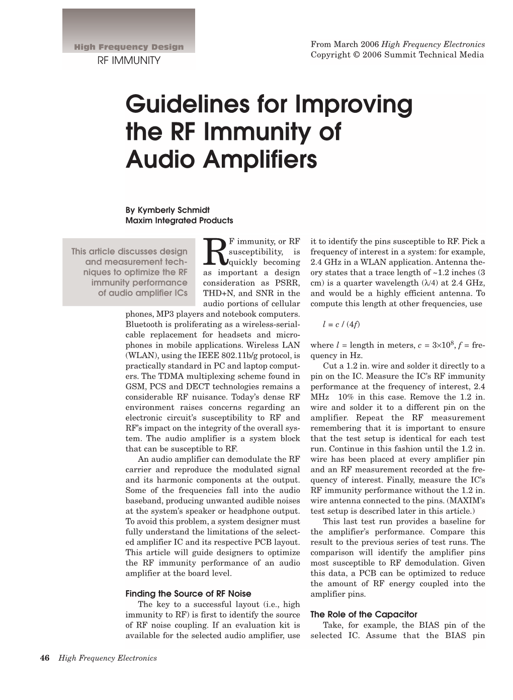 Guidelines for Improving the RF Immunity of Audio Amplifiers