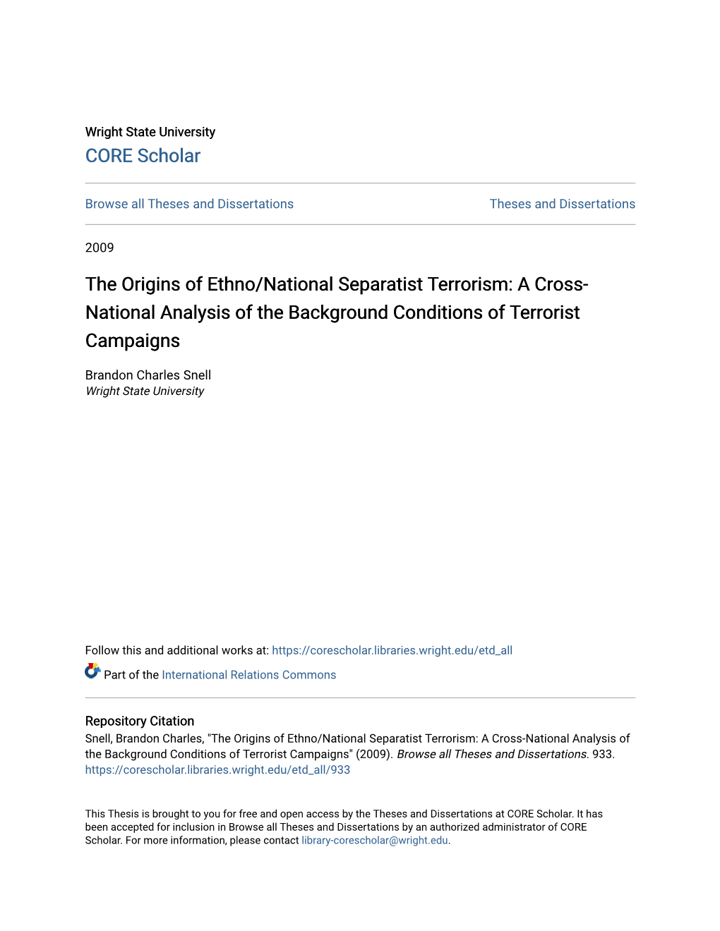 The Origins of Ethno/National Separatist Terrorism: a Cross- National Analysis of the Background Conditions of Terrorist Campaigns