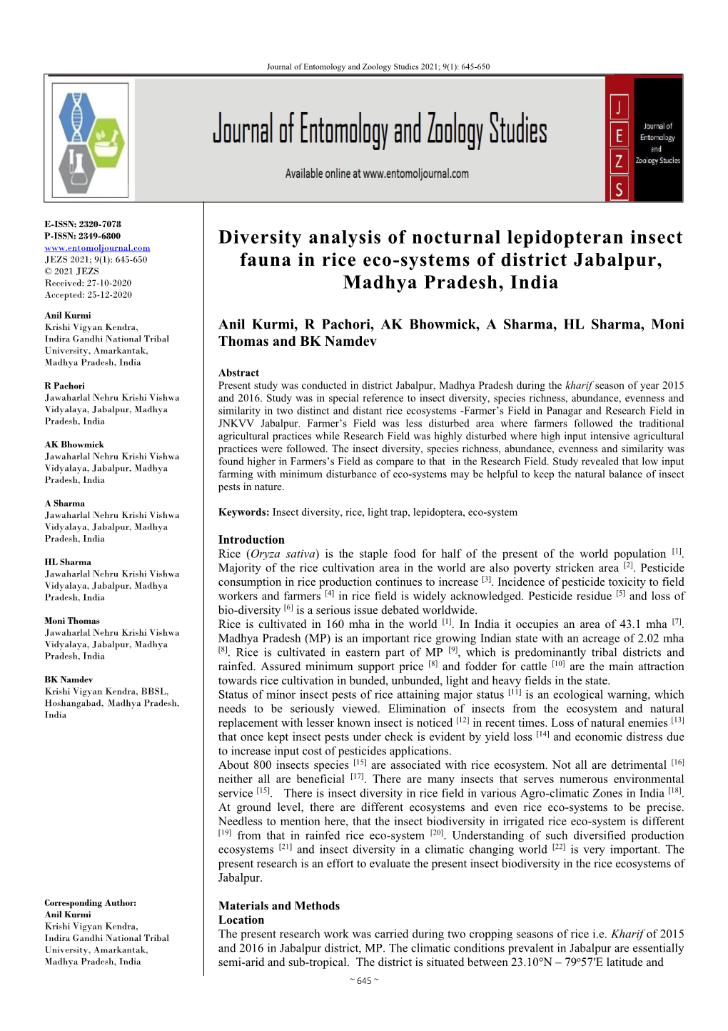 Diversity Analysis of Nocturnal Lepidopteran Insect Fauna in Rice