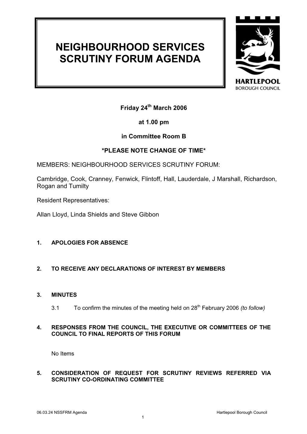 Neighbourhood Services Scrutiny Forum Agenda