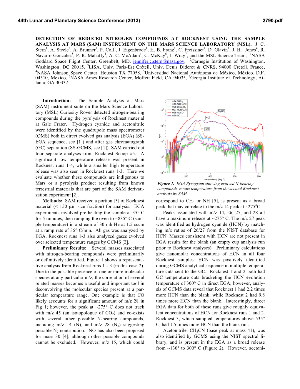 Detection of Reduced Nitrogen Compounds at Rocknest Using the Sample Analysis at Mars (Sam) Instrument on the Mars Science Laboratory (Msl)