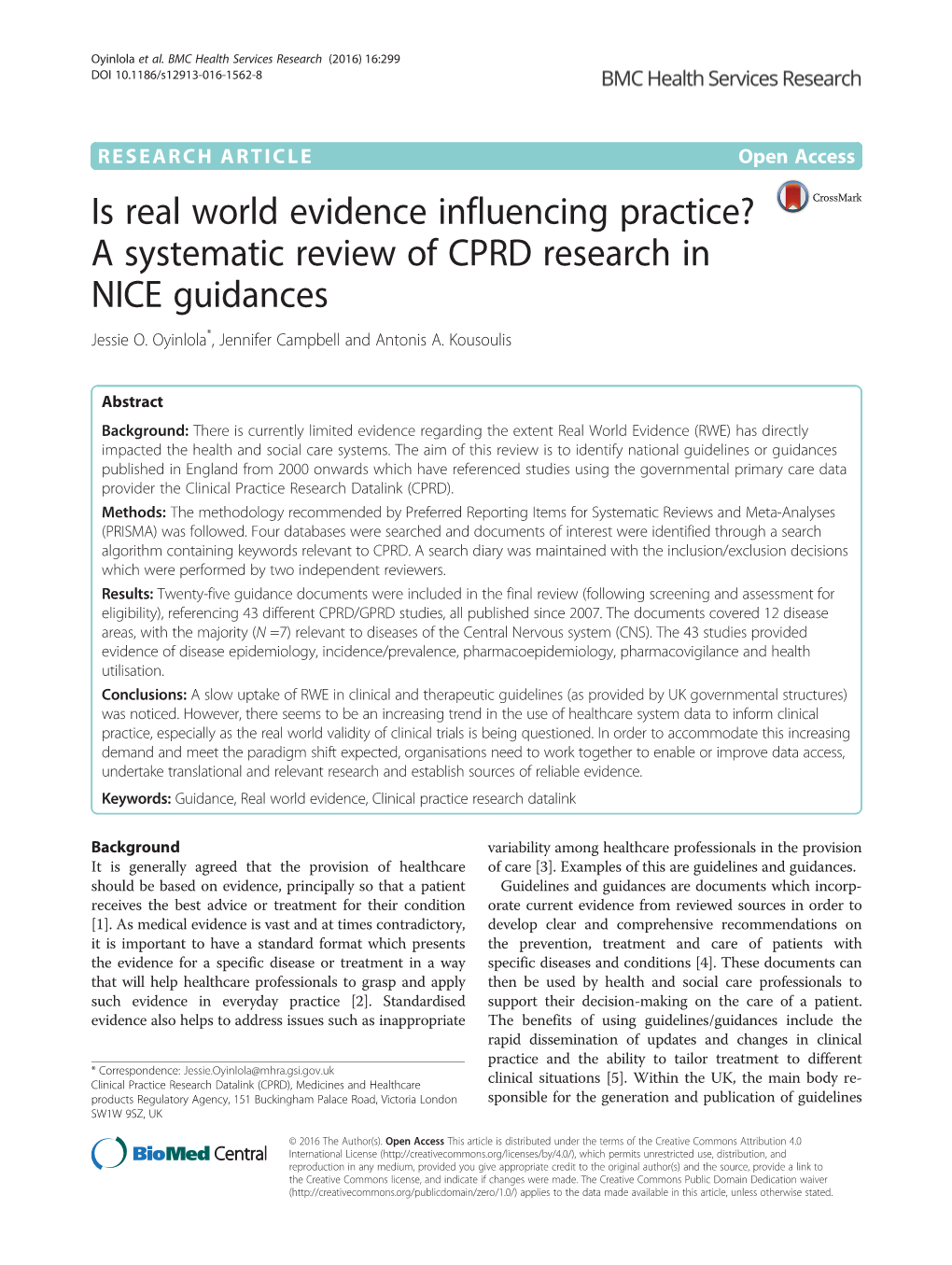 Is Real World Evidence Influencing Practice? a Systematic Review of CPRD Research in NICE Guidances Jessie O