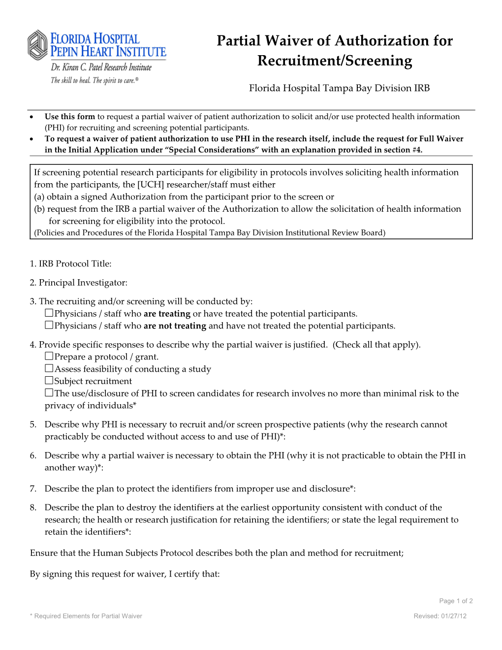 212 - Partial Waiver of Authorization for Recruitment/Screening