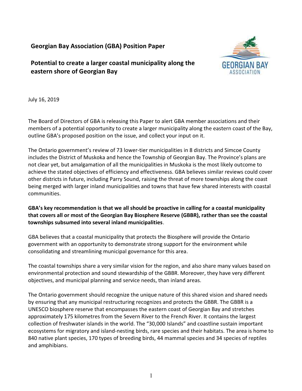 Georgian Bay Association (GBA) Position Paper Potential to Create a Larger Coastal Municipality Along the Eastern Shore of Geor