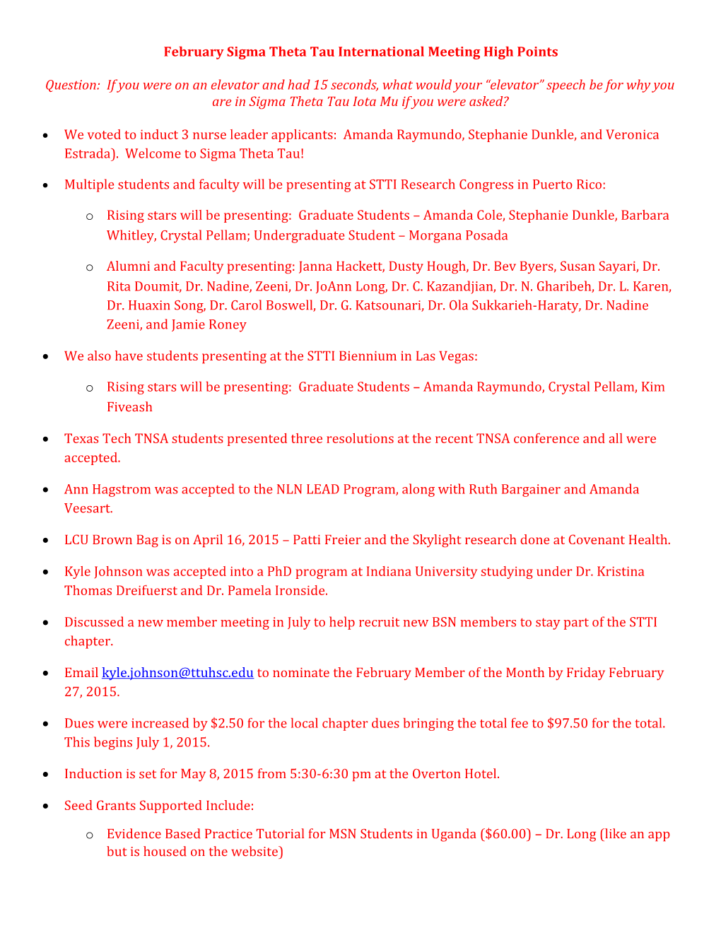 February Sigma Theta Tau International Meeting High Points