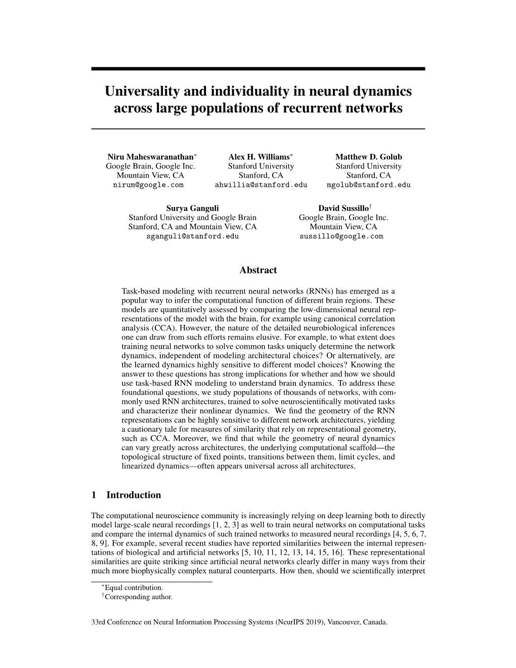 Universality and Individuality in Neural Dynamics Across Large Populations of Recurrent Networks