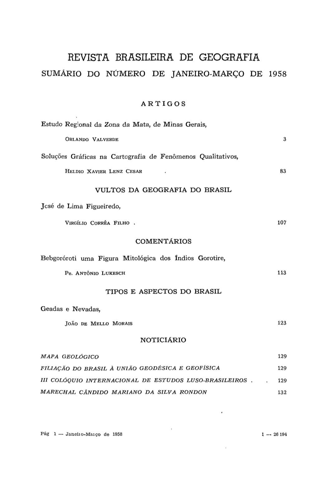 Revista Brasileira De Geografia Sumário Do Número De Janeiro-Março De 1958