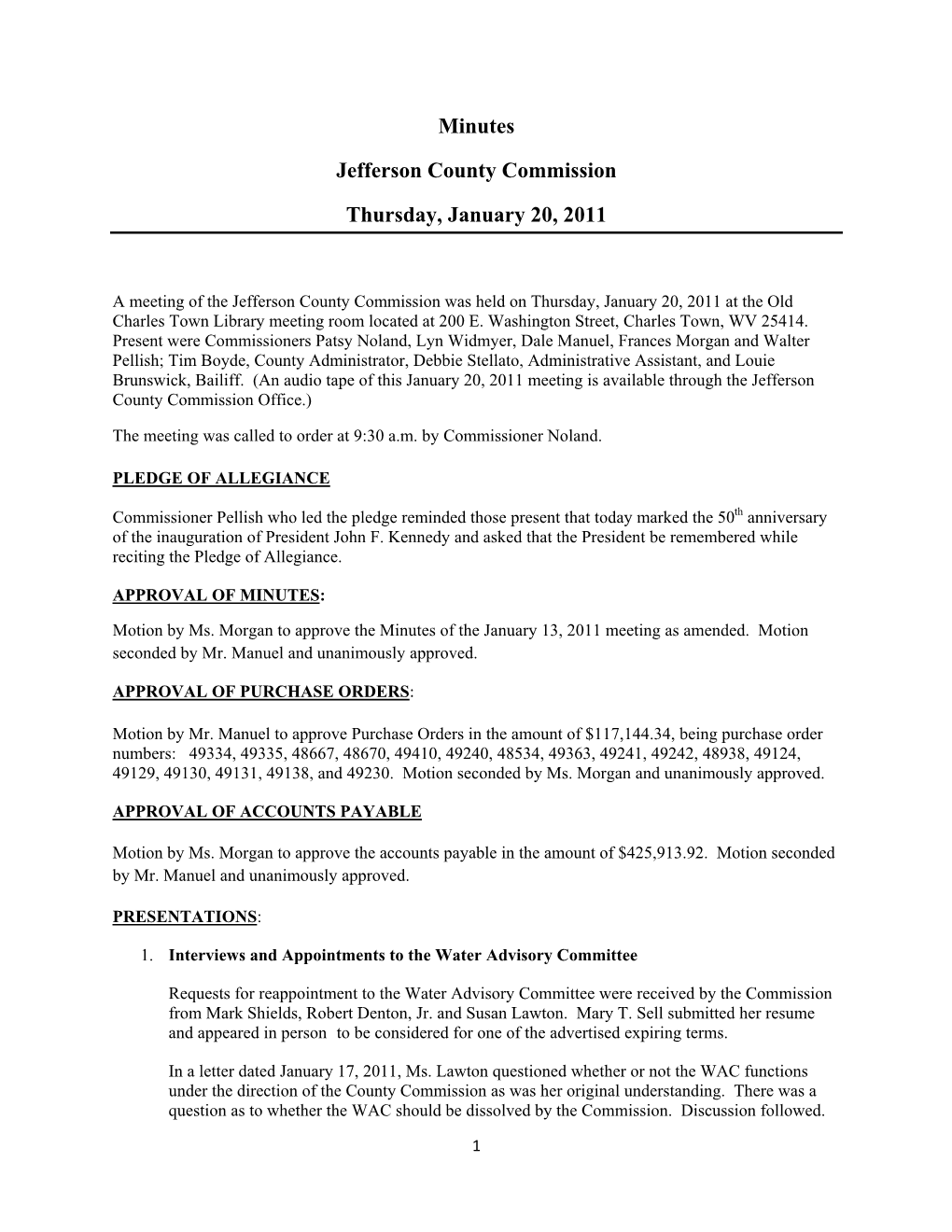 Minutes Jefferson County Commission Thursday, January 20, 2011